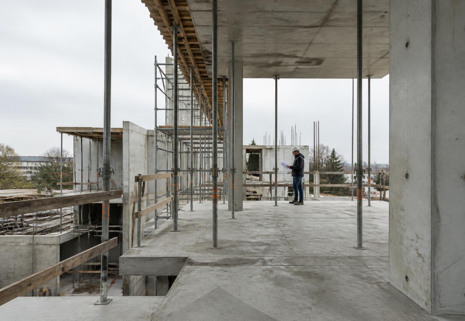Estrutura de obra residencial em execução — imagem provisória